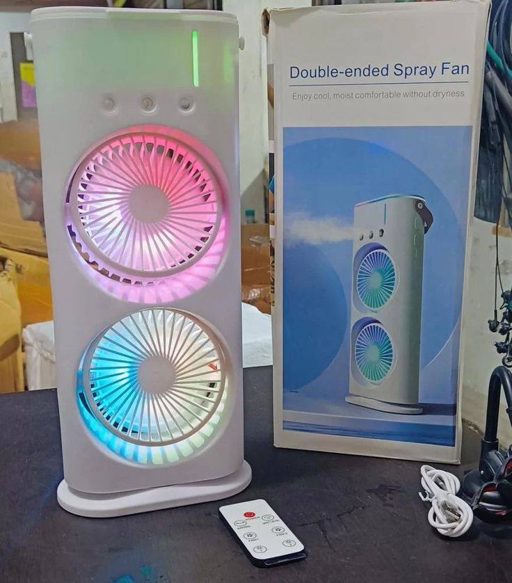 Portable Dual Fan with Mist Spray & Remote | Rechargeable Cooling Fan with LED Light